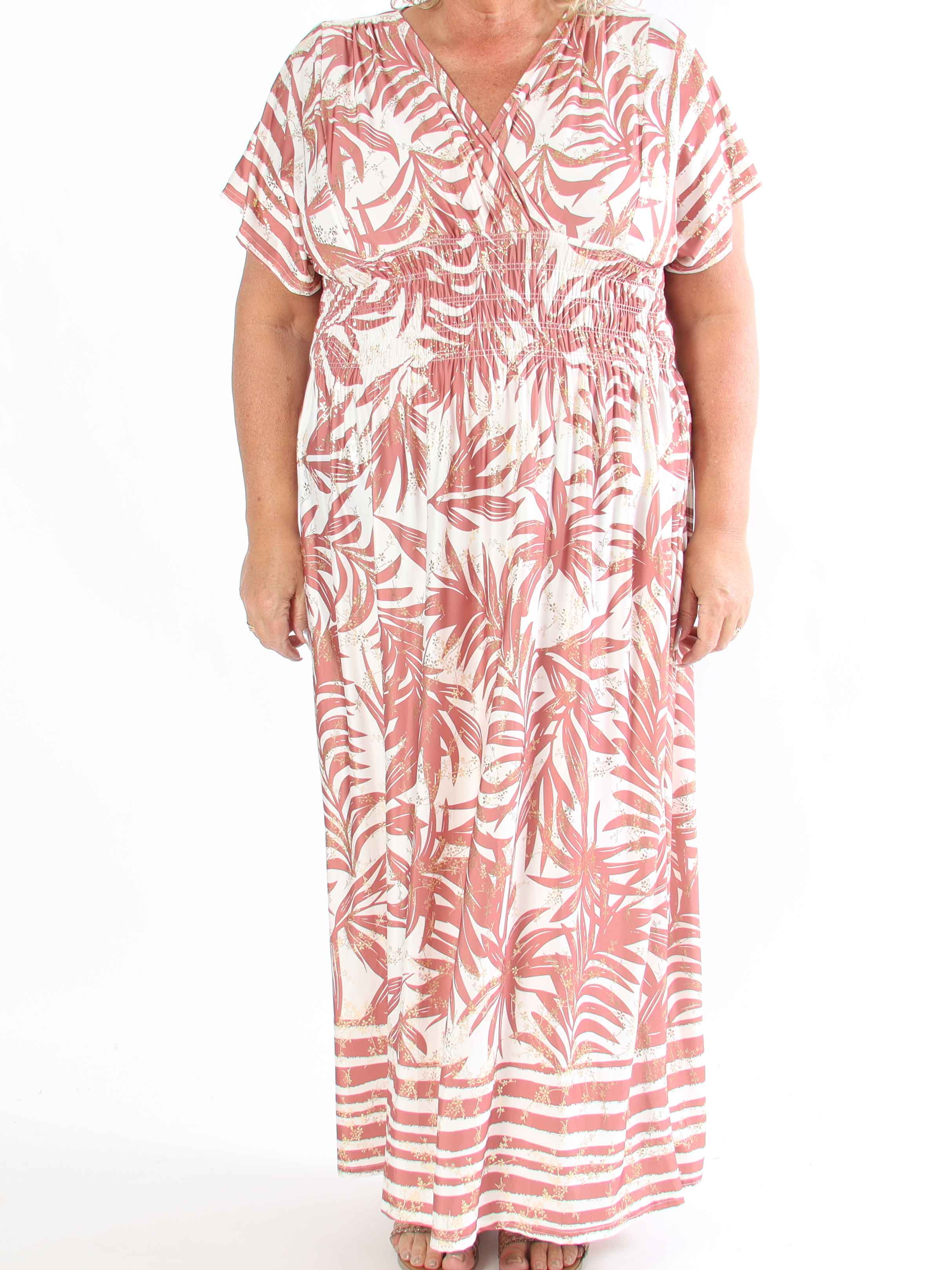 Pams Palm - Lång plus size-klänning med palmblad och smockad midja